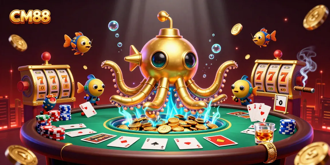Experience the thrill of CM88 with a vibrant 3D underwater casino scene featuring a golden kraken and poker elements.
