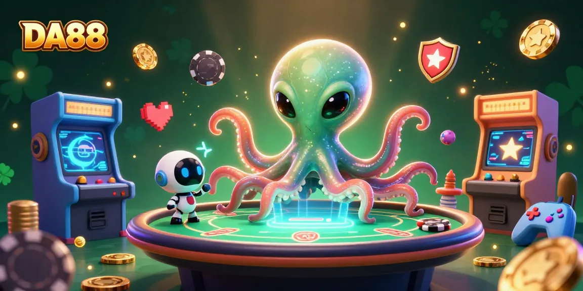 Engage in vibrant casino action with DA88, featuring an alien octopus at a holographic poker table.