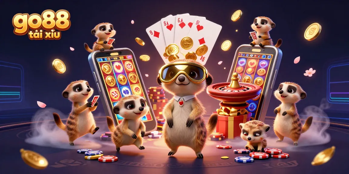Experience go88 tài xỉu excitement at a lively casino with meerkats managing games and colorful slot displays.