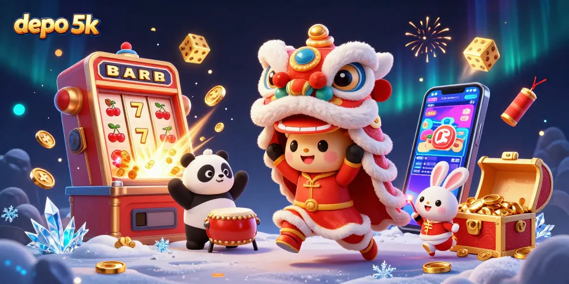 Experience the thrill of depo 5k with vibrant slot symbols and lively casino characters.