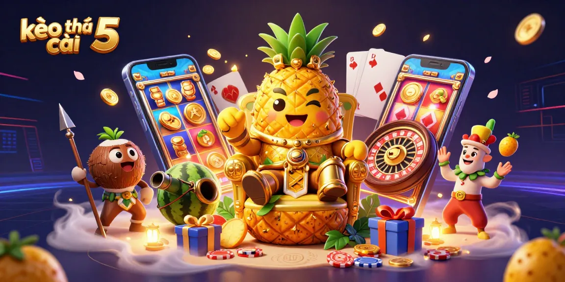 Experience the colorful action of kèo nhà cái 5 with the golden pineapple king and vibrant gaming elements in this dazzling illustration.