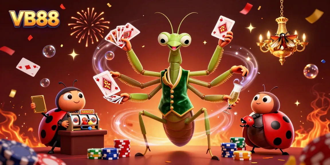 Experience the thrill of VB88 with a lively casino scene featuring a unique praying mantis card sharp.