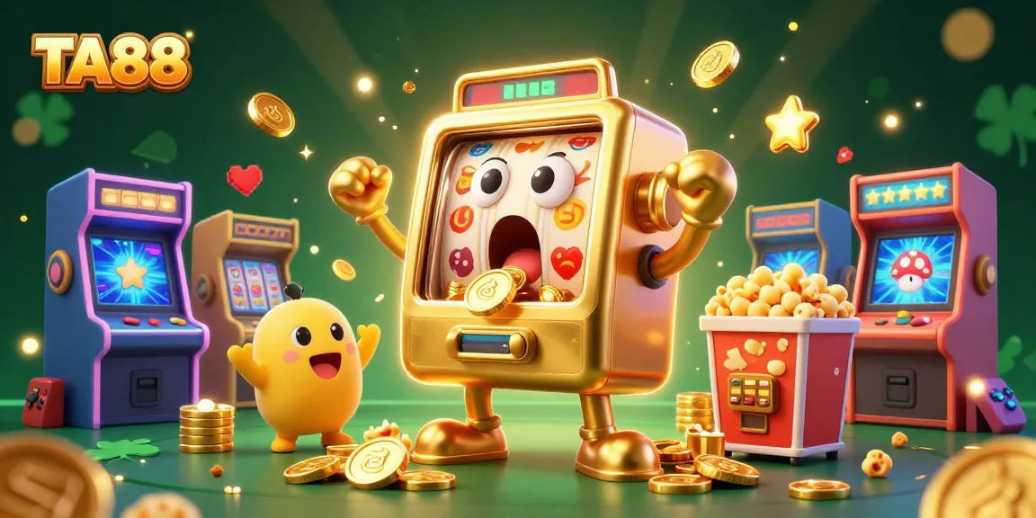 Celebrate wins with TA88 in an exciting casino scene featuring a golden slot machine and vibrant gaming elements.