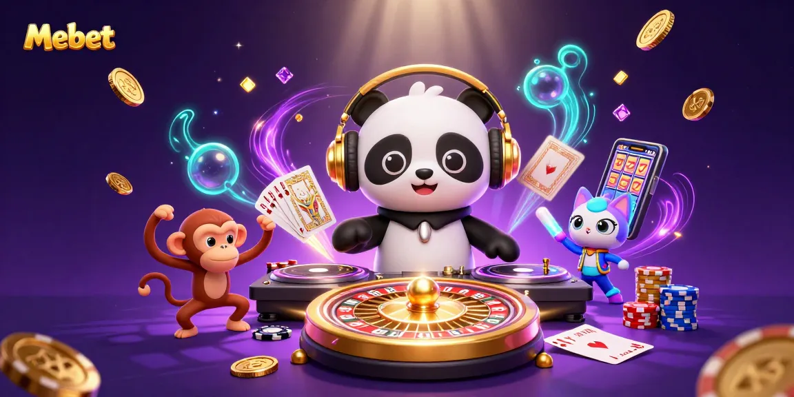 Mebet showcases a DJ panda with vibrant characters amidst a lively casino scene, engaging with dynamic gambling elements.