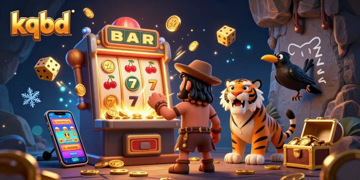 KQBD updates with a dynamic prehistoric casino scene featuring a caveman, sabertooth tiger, and crow, showcasing gambling excitement.