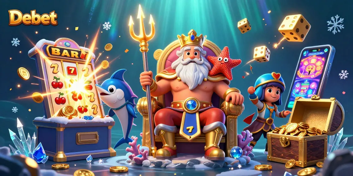 Engaging game visuals depicting Debet's casino excitement with Neptune, slot machines, and vibrant symbols.