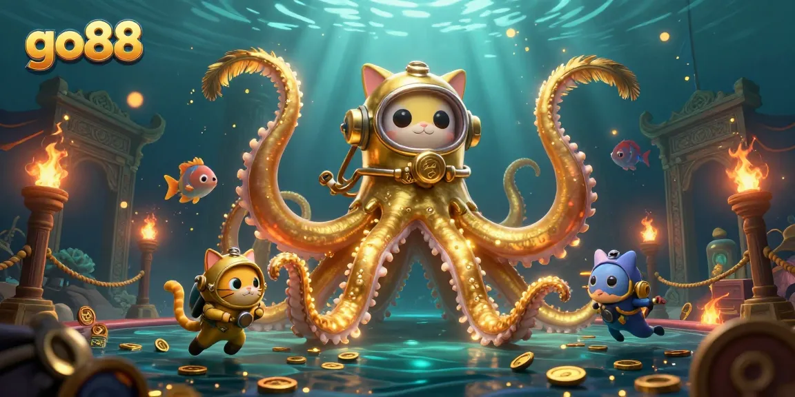 Experience excitement with go88's dynamic casino scene featuring a kraken, diving cat, and treasures.