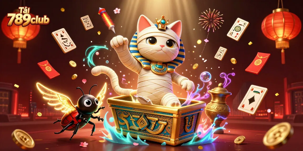 Engage in thrilling gameplay with the vibrant scene featuring Tải 789club's Egyptian mummy cat and glowing elements.