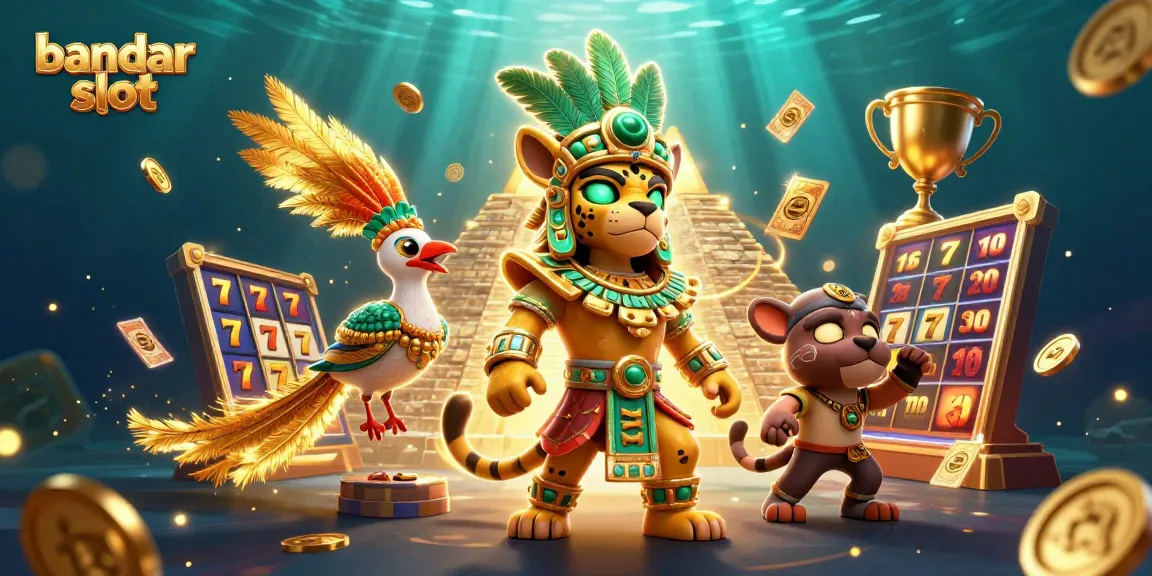 Engage in thrilling bandar slot games featuring a Mayan priest and golden elements in a vibrant scene.