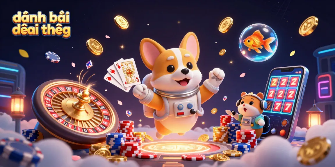 Engage in the thrilling world of đánh bài đổi thưởng with floating coins, vibrant poker chips, and a charming cartoon corgi.