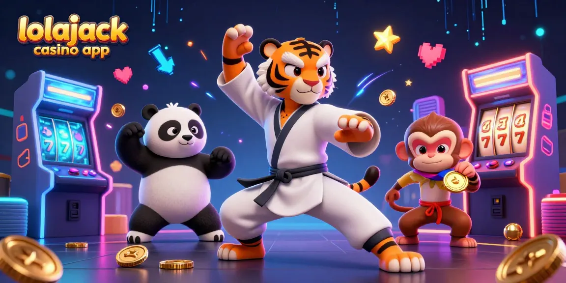 Engage with the lolajack casino app in a dynamic 3D scene featuring fun characters and gaming elements.