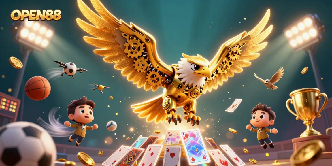 Engage with the captivating world of OPEN88 while diving through holographic cards and sports elements in a vibrant casino atmosphere.