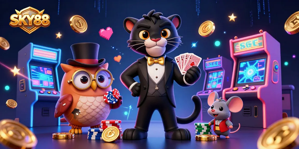 Engage with SKY88's vibrant gambling activities with a stylish panther, wise owl, and lucky mouse.