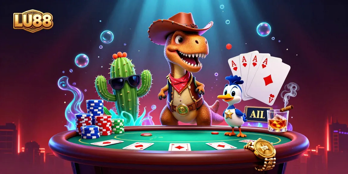Experience the thrilling LU88 gaming atmosphere with a vibrant casino scene featuring characters and poker elements.