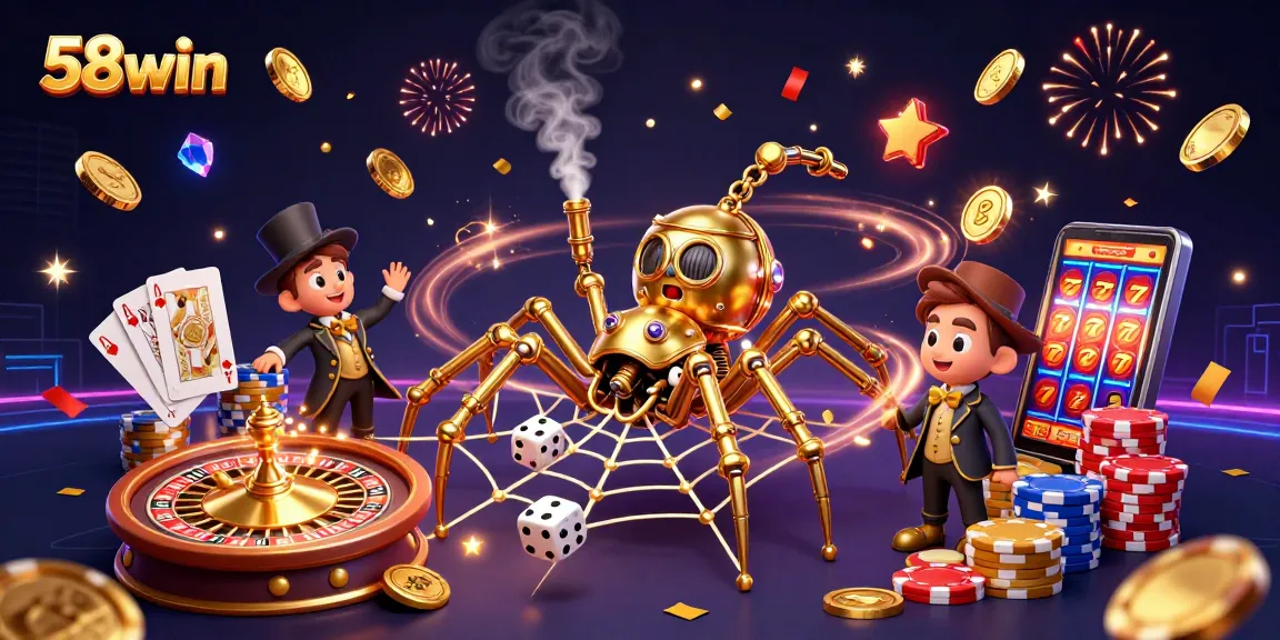 Engage with the vibrant 58win gaming scene featuring a golden spider and festive elements.