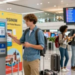 Traveler activating CocoRoam eSIM at bustling airport terminal ready for global adventures.