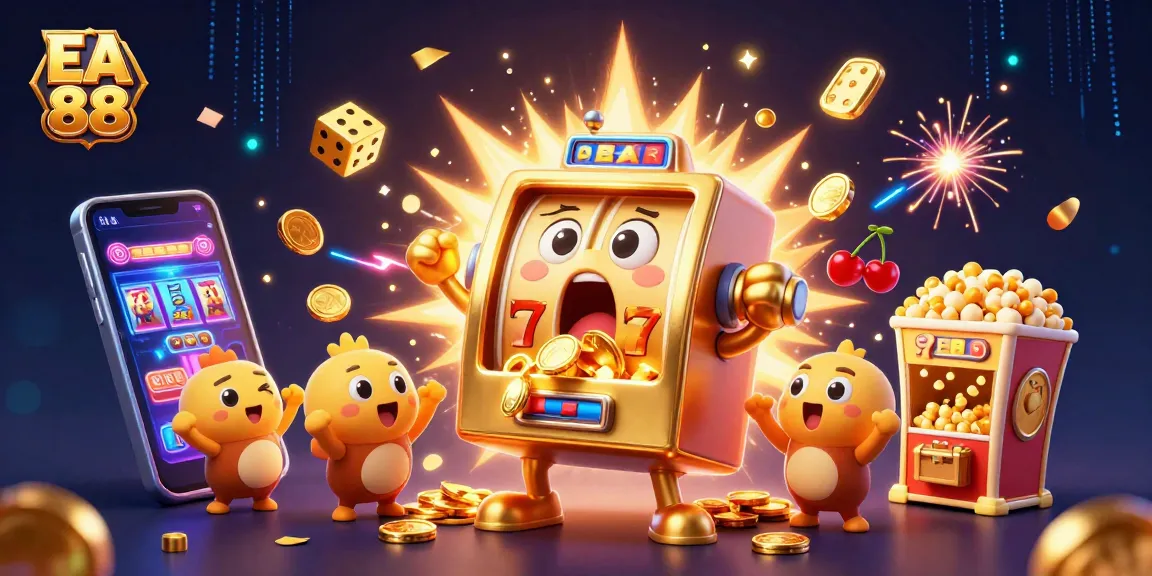 EA 88 illustrates an animated jackpot scene with a golden slot machine, coins, and vibrant casino elements.