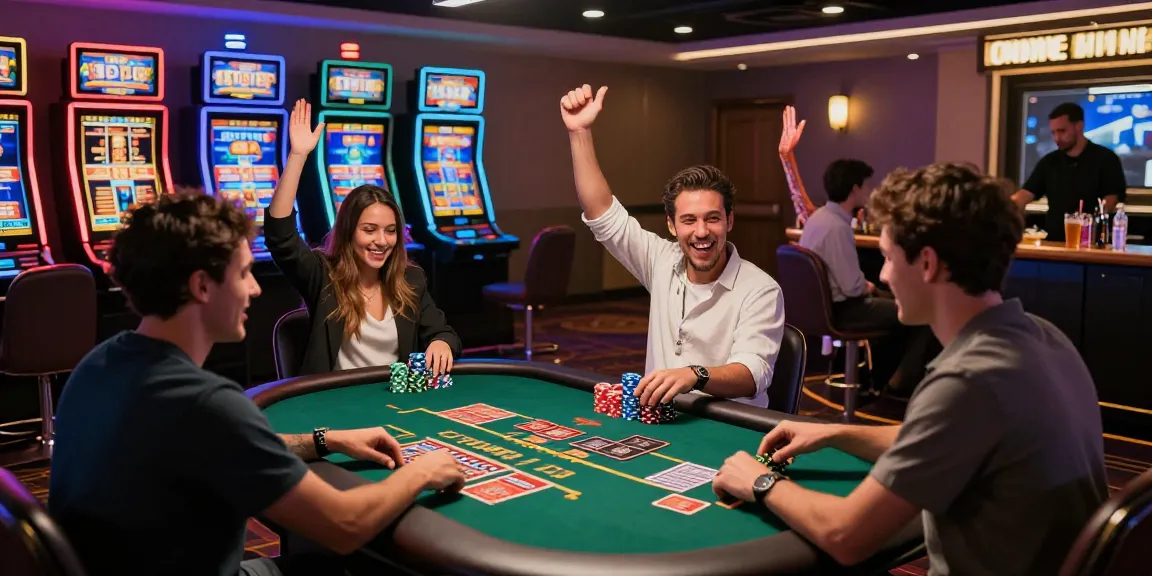 Exciting atmosphere at a credit card casino with diverse players celebrating wins at gaming tables