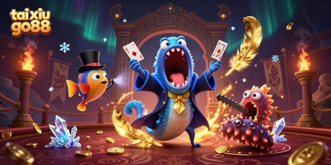 Experience thrilling tai xiu go88 card tricks in a vibrant, magical underwater casino scene.