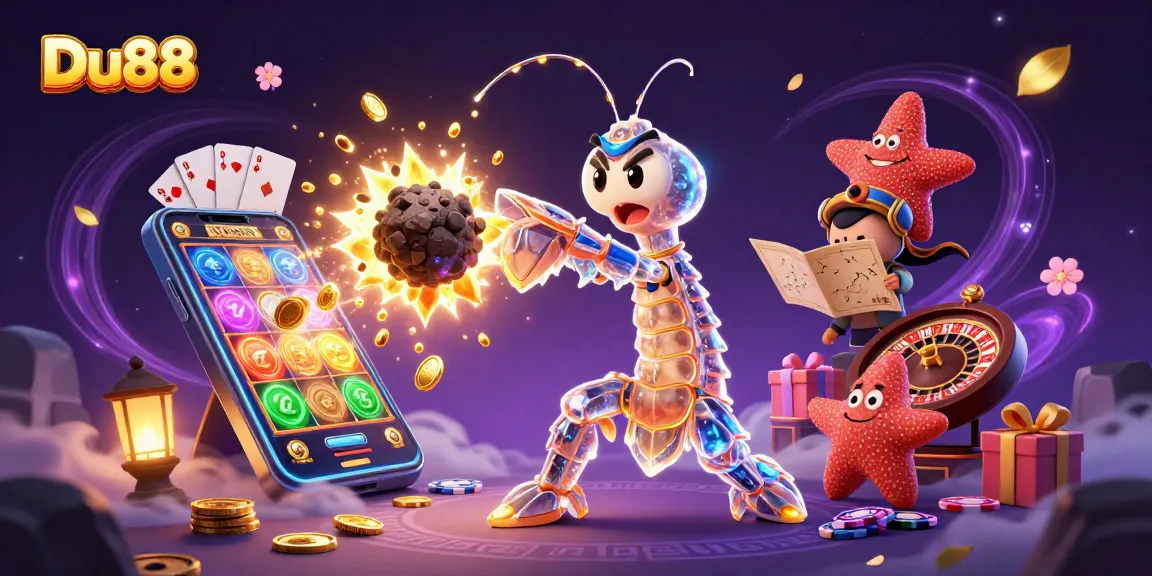 Experience winning with Du88 as the galactic samurai mantis shrimp battles for golden gems in a vibrant casino scene.