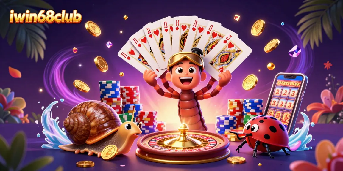 Win big at iwin68club with a vibrant 3D casino scene featuring unique characters and gambling elements.