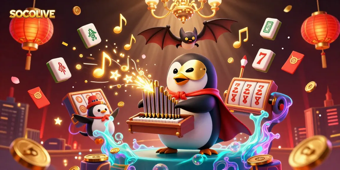 SOCOLIVE platform featuring vibrant 3D cartoon penguin in a casino scene surrounded by dynamic gambling elements.