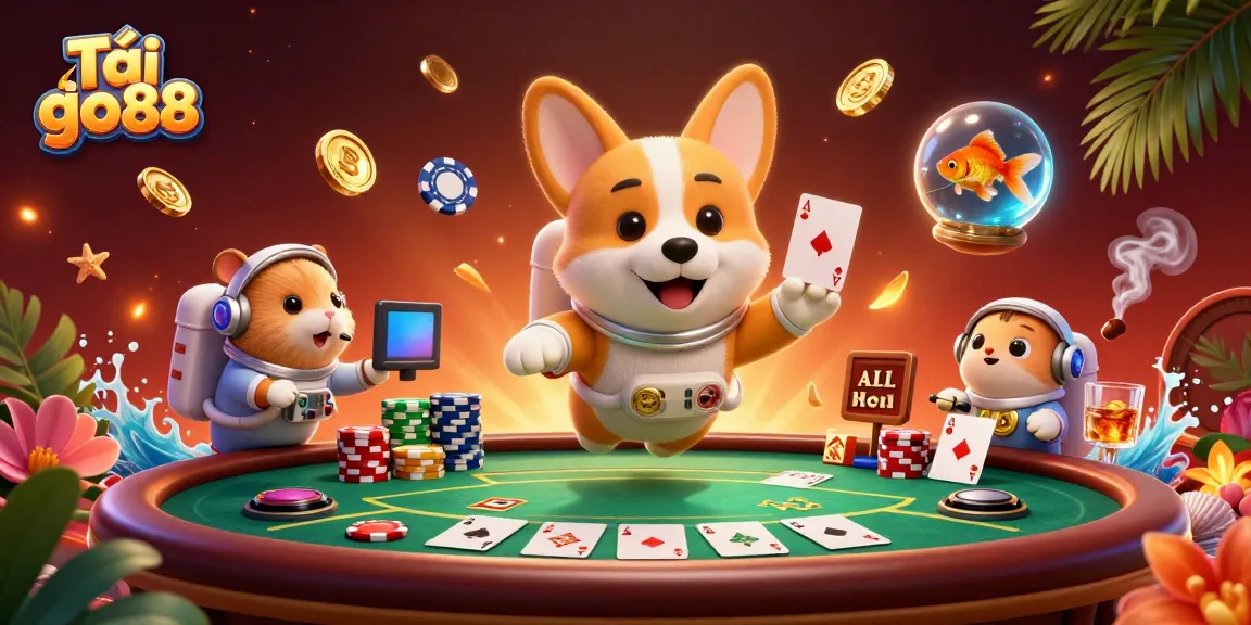 Tải go88 to experience exciting games with a floating astronaut corgi in a vibrant casino scene.