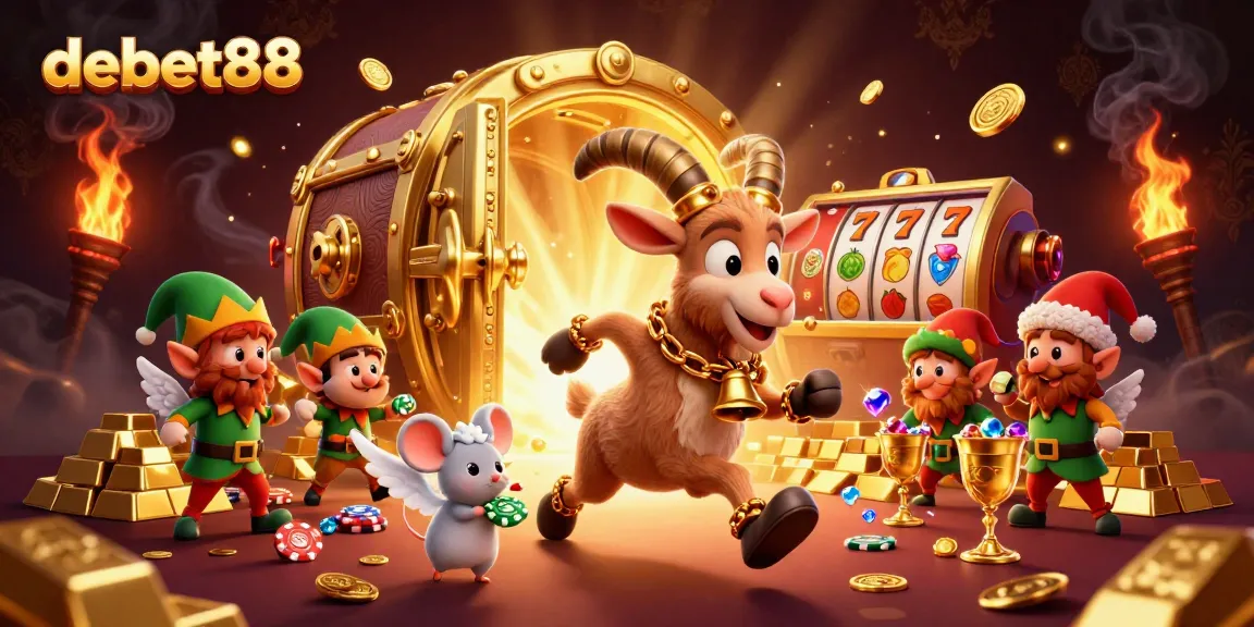 Experience the vibrant world of debet88 with a dynamic casino scene featuring festive characters and slot games.