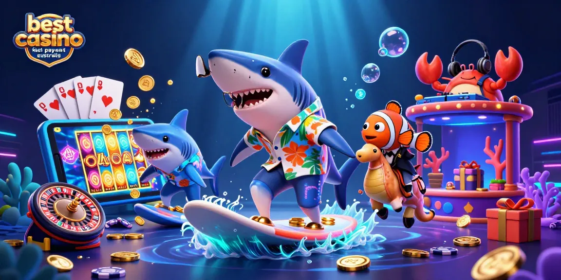 Surf with the best online casino fast payout Australia, showcasing fun gaming elements and vibrant sea creatures.