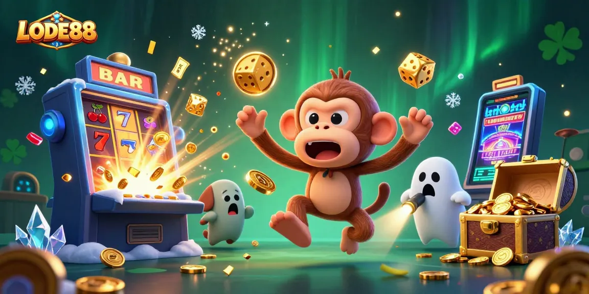 Engaging illustration featuring LODE88 with a mischievous ghost and puppy in a vibrant casino setting.