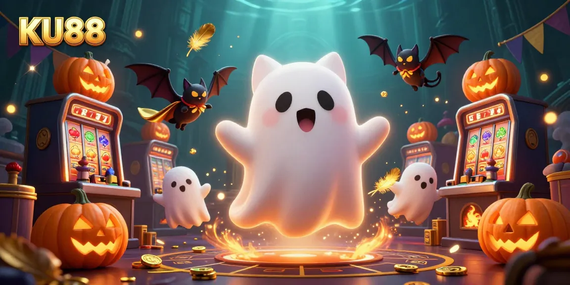 Experience thrilling gameplay at KU88 with cartoon ghost cat and vampire bat in a haunted casino.