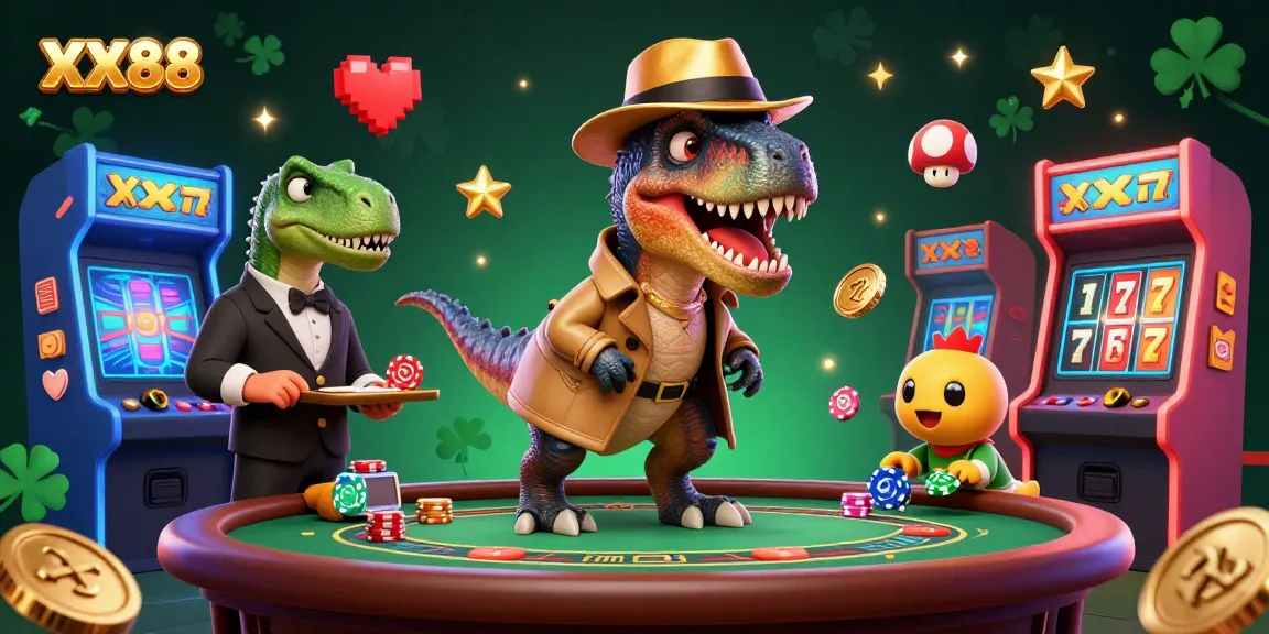 Experience exciting gameplay at XX88's casino, featuring a cartoon velociraptor and fun game elements.