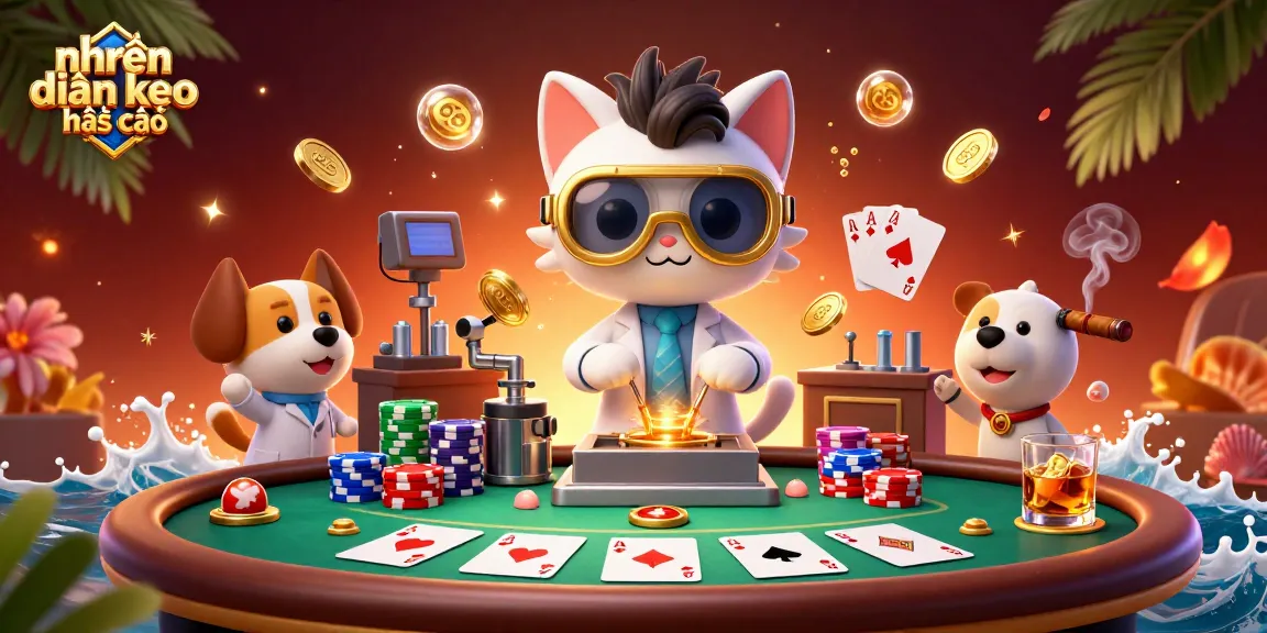Engage in nhận định kèo nhà cái with expert analysis in a vibrant poker scene featuring a mad scientist.