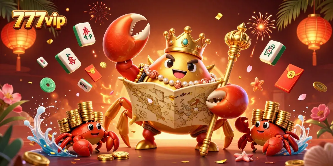 Experience winning at 777vip with a grand 3D casino scene featuring a golden crab emperor and treasure elements.
