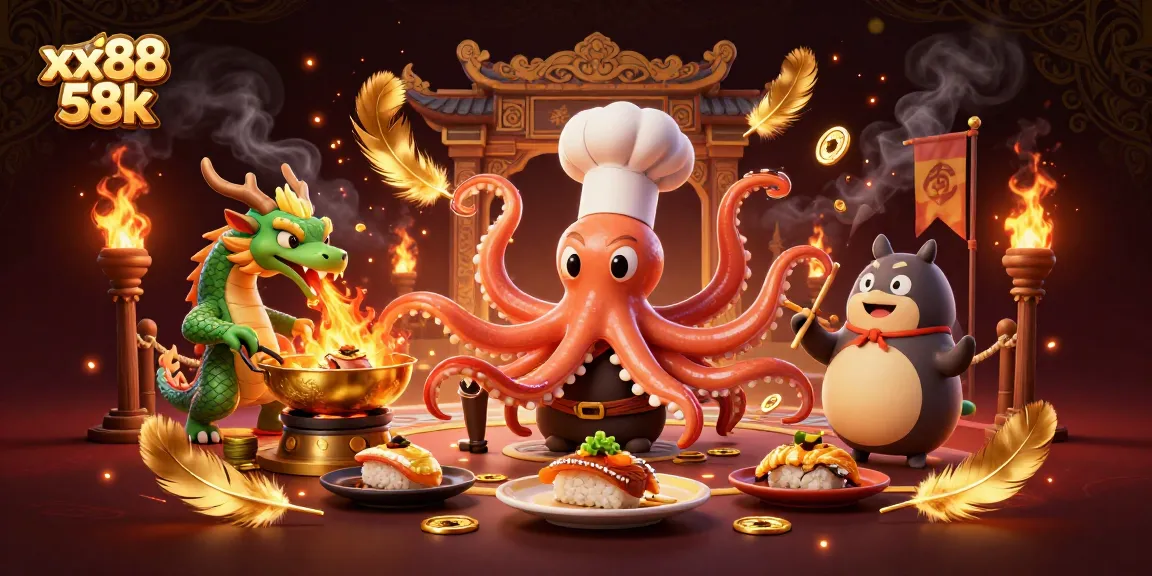 Experience exciting gaming action with xx88 58k in vibrant 3D art featuring an octopus chef and dragon