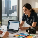 Managed hosting for Melbourne Airbnbs with a property manager and homeowner discussing listings in a modern kitchen, showcasing digital analytics.
