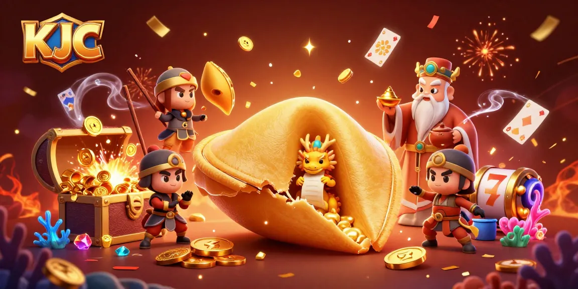 KJC players enjoying a vibrant casino scene with golden fortune cookies, treasure chests, and dynamic games.