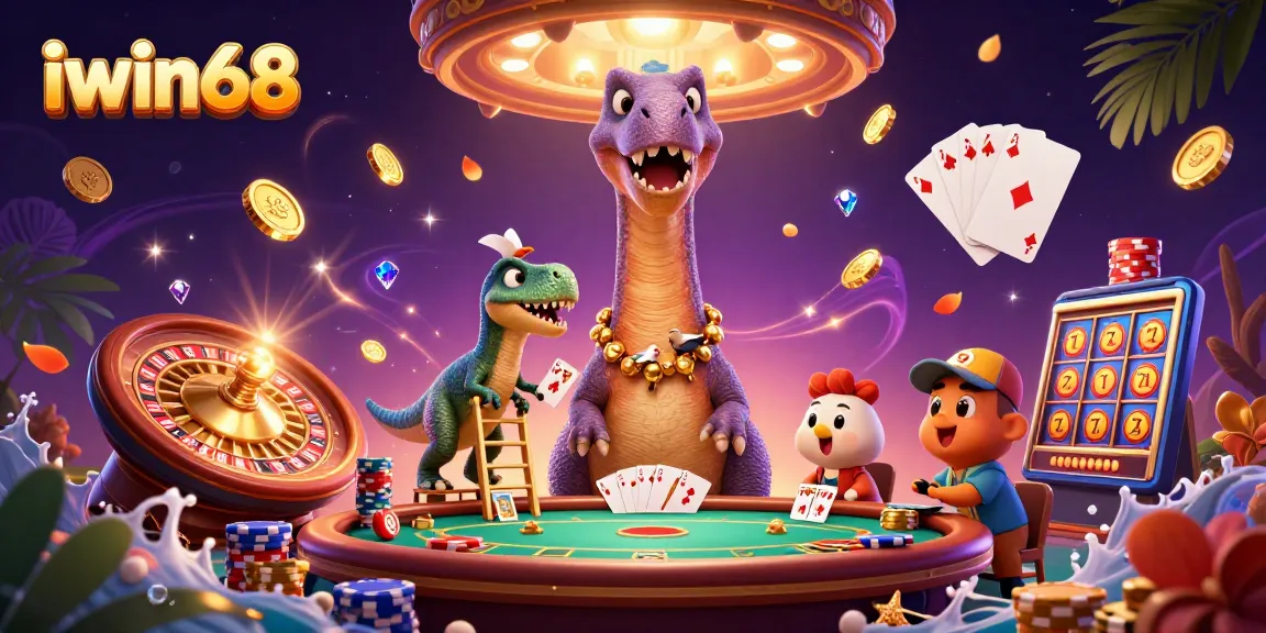 Iwin68 showcases a lively casino scene with a dinosaur, cards, and gold coins, emphasizing excitement.