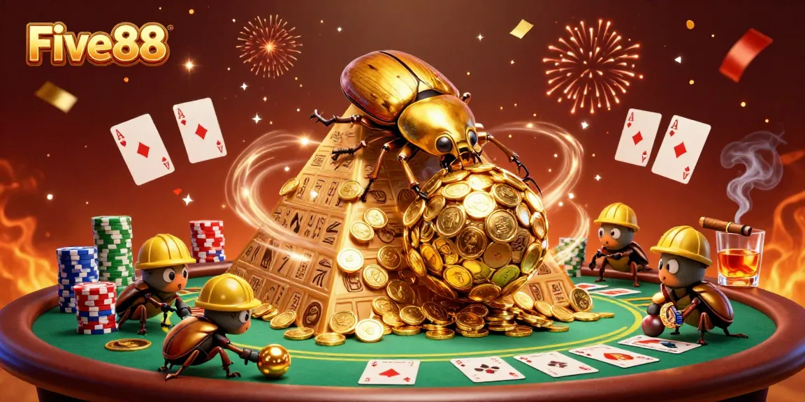 Engage with the vibrant Five88 casino scene featuring animated beetles rolling golden coins and poker elements.