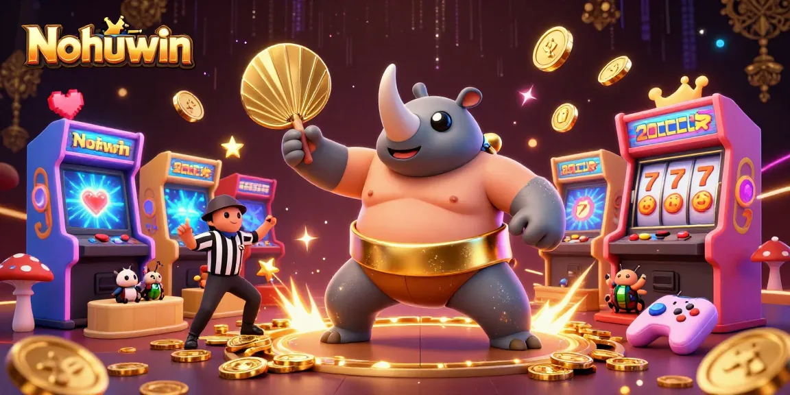 Nohuwin's slots game comes alive with vibrant golden coins and dynamic characters in a stunning illustration.