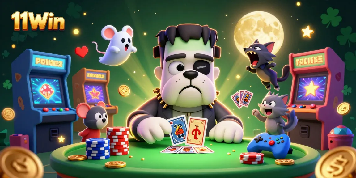 Experience thrilling gaming action at 11Win's spooky casino scene with vibrant characters.