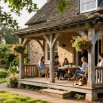 oak frame porch showcasing intricate design with family enjoying tea