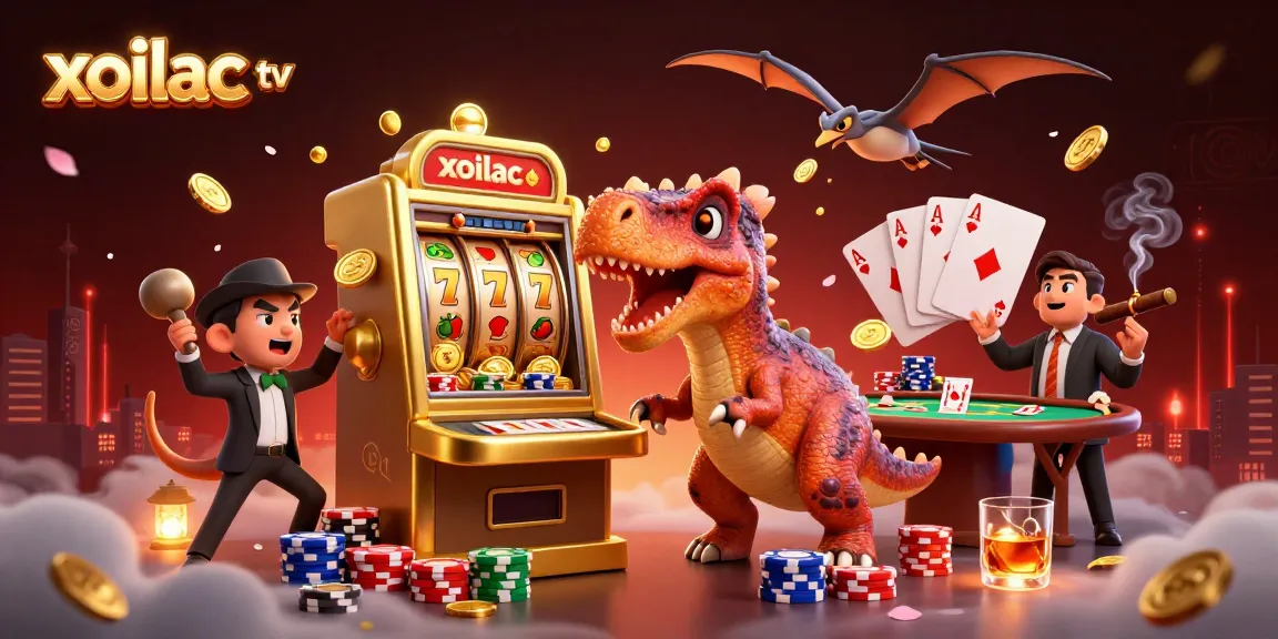 Xoilac tv showcases a colossal pachycephalosaurus winning jackpots at a casino while coins fly around.