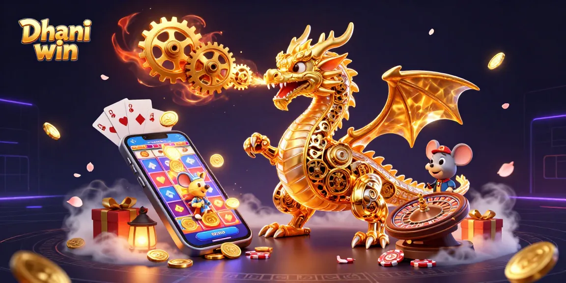 Dhani win immersive gaming experience with exciting golden dragon, dynamic slot game elements, and vibrant casino atmosphere.