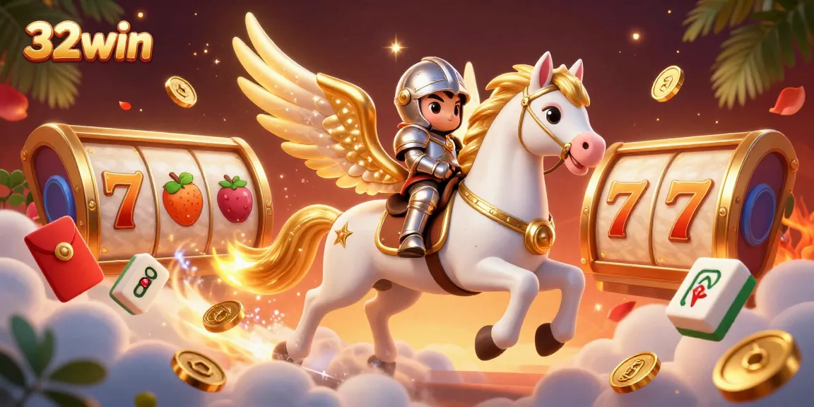 Engage in thrilling gameplay with 32win: A magical scene of a celestial horse and playful knight surrounded by vibrant casino elements.