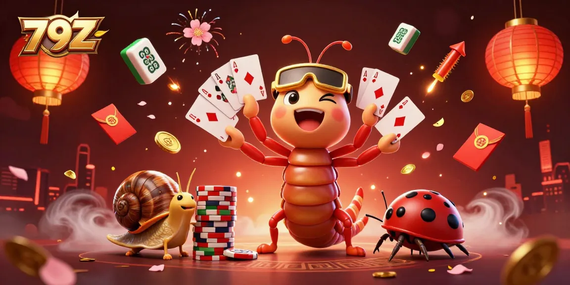Engage with 79Z's vibrant casino scene featuring a millipede dealer showcasing cards and a snail with chips.