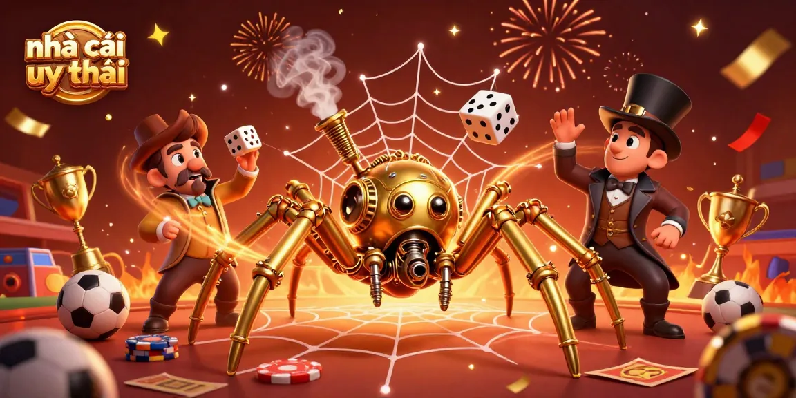 Engage with nhà cái uy tín sports betting scene showcasing a steampunk spider and Victorian fly in an energetic setting.