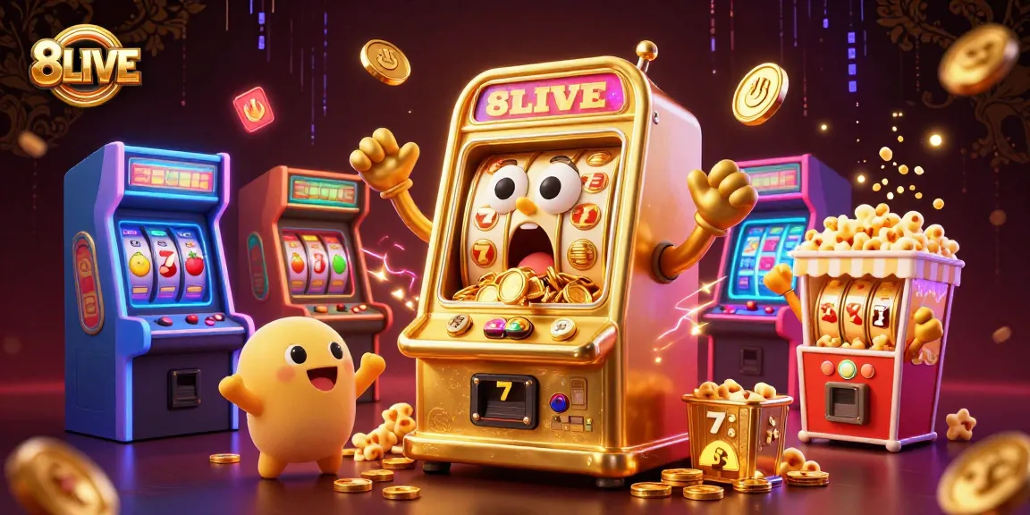 Experience the thrill of winnings with 8LIVE's joyful slot machine hitting the jackpot amidst a vibrant casino atmosphere.