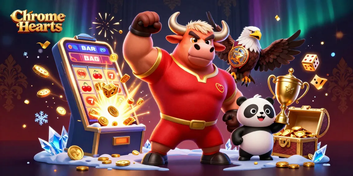 Chrome Hearts excitingly showcases a jackpot slot scene, featuring a bull mascot, eagle, and panda celebrating wins.