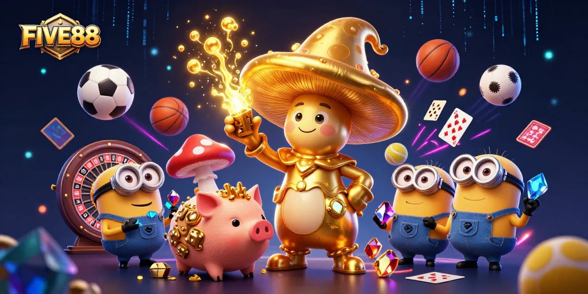 Engage in the exciting world of FIVE88 casino, featuring golden wizardry, sports elements, and dynamic gaming action.